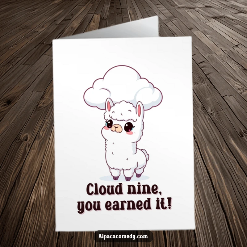Funny Free Printable Alpaca Congratulations Card: Curious alpaca pondering a cloud, perfect for celebrating achievements and dreams, print at home.