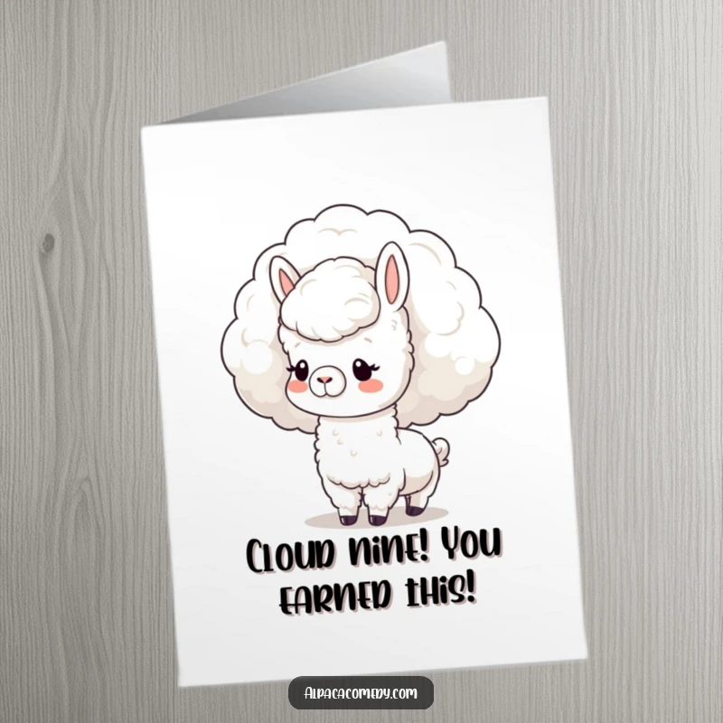 Funny Free Printable Congrats Card: Kawaii alpaca curiously nuzzling a big fluffy cloud, peaceful expression.