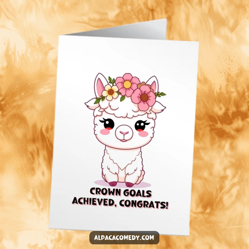 Free Printable Congrats Card: Kawaii alpaca with soft eyes, wearing a delicate flower crown, celebrating an achievement.
