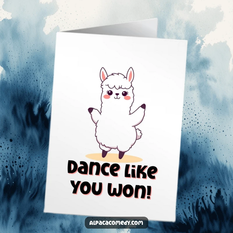 Funny Free Printable Congratulations Card of a kawaii alpaca doing a funny, swaying dance to celebrate achievements.