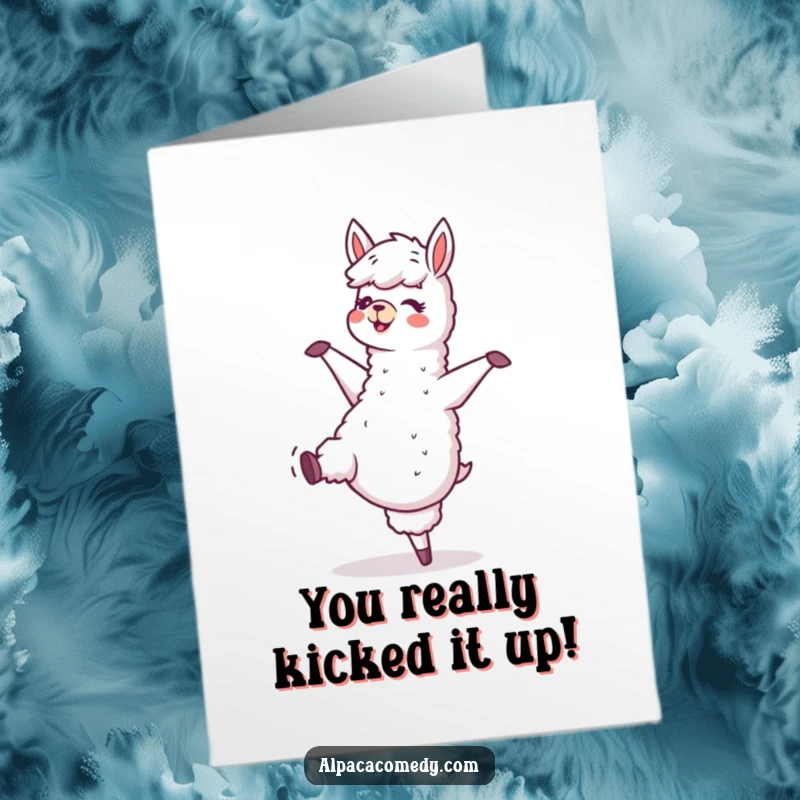 Funny Free Printable Congratulations Card: Ecstatic alpaca dancing wildly, celebrating a momentous occasion with infectious enthusiasm, downloadable art.