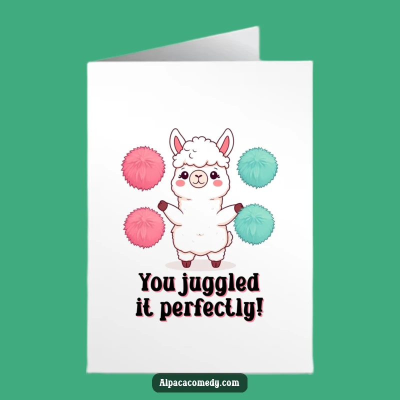Free Printable Alpaca Congrats Card: Juggling Pompoms, Downloadable Achievement Cheer