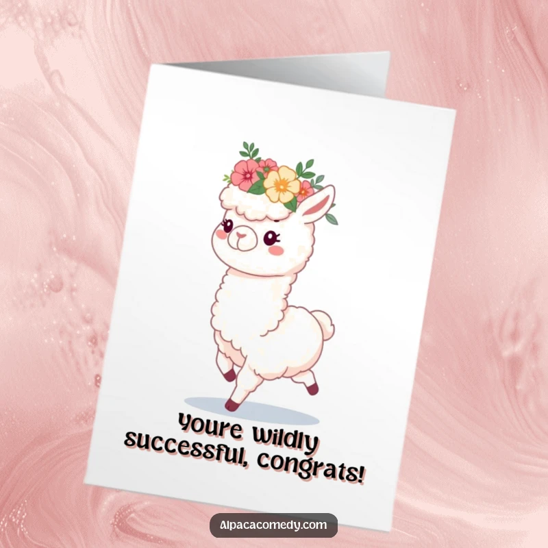 Funny Free Printable Alpaca Congratulations Card: Fluffy alpaca with flower crown prancing, celebrating success, a downloadable gift.