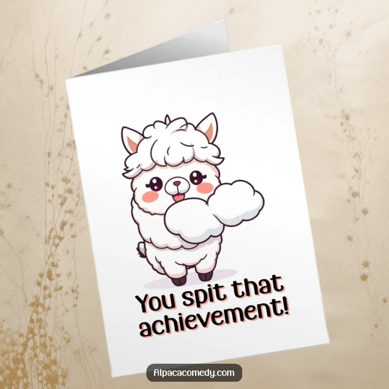 Funny Free Printable Congratulations Card: Joyful alpaca spitting a fluffy cloud celebrating your success with a quirky charm.