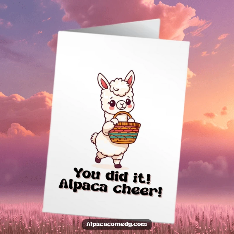 Funny Free Printable Alpaca Congratulations Card: Adorable alpaca in festive attire, carrying a basket of joy, perfect for print-at-home celebrations.