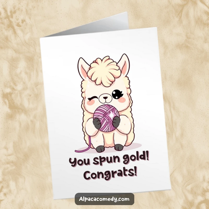 Funny Free Printable Alpaca Congratulations Card: An alpaca winks, holding a sparkling yarn ball, celebrating success. Clever downloadable gift.