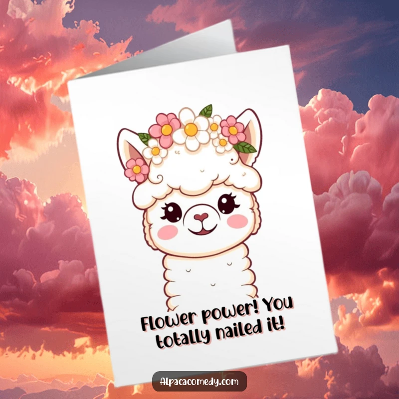 Funny Free Printable Congrats Card: Kawaii alpaca with a sweet flower crown, soft eyes beaming.