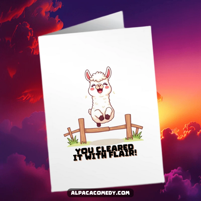Funny Free Printable Congratulations Card: An alpaca leaping joyfully over a fence, exclaiming congratulations with cheerful energy.