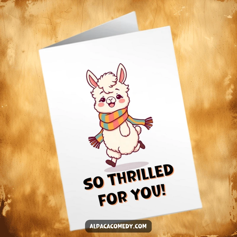 Funny Free Printable Congratulations Card: A gleeful alpaca wearing a scarf, skipping with infectious enthusiasm to celebrate achievements.