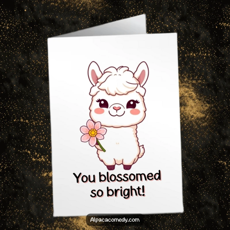 Funny Free Printable Congratulations Card: An alpaca winks while offering a flower, celebrating achievements with a gentle, happy smile.