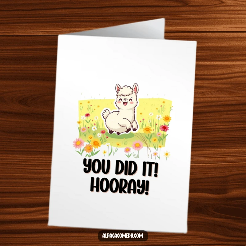 Funny Free Printable Congratulations Card: A joyful alpaca rolling in wildflowers, full of delight. Perfect for celebrating any achievement.
