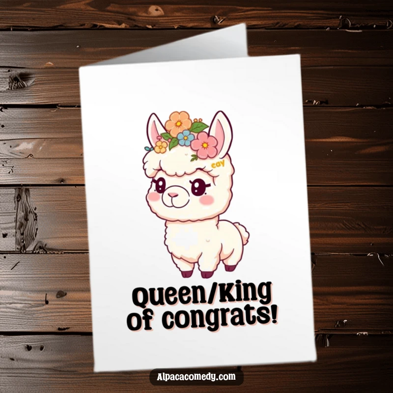 Free Printable Congratulations Card: A playful alpaca wearing a beautiful flower crown, celebrating your achievement with floral joy.
