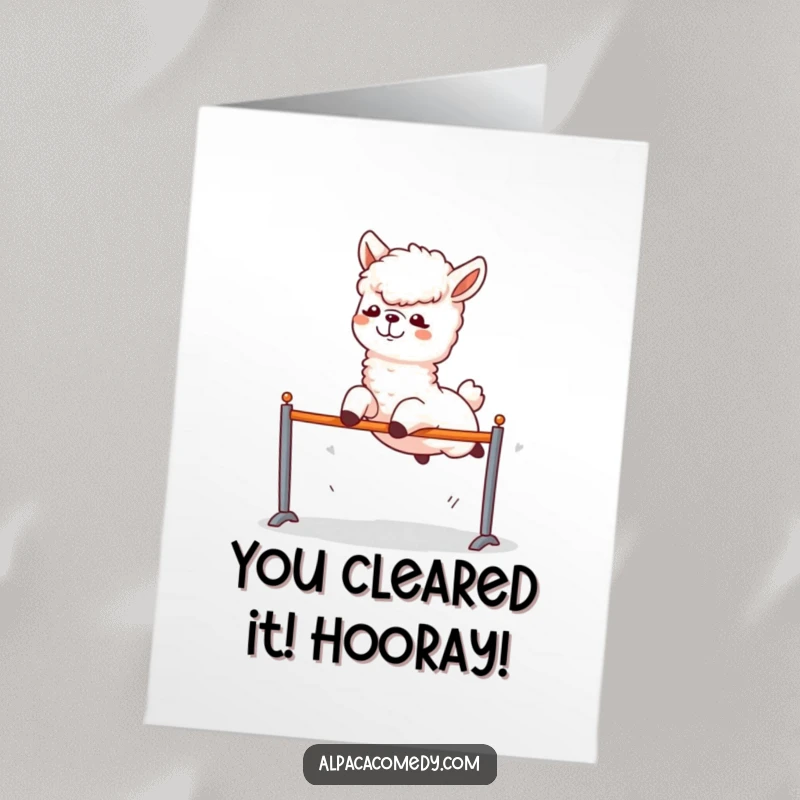 Funny Free Printable Congratulations Card: An energetic alpaca triumphantly leaping over a hurdle, perfect for acknowledging accomplishments.