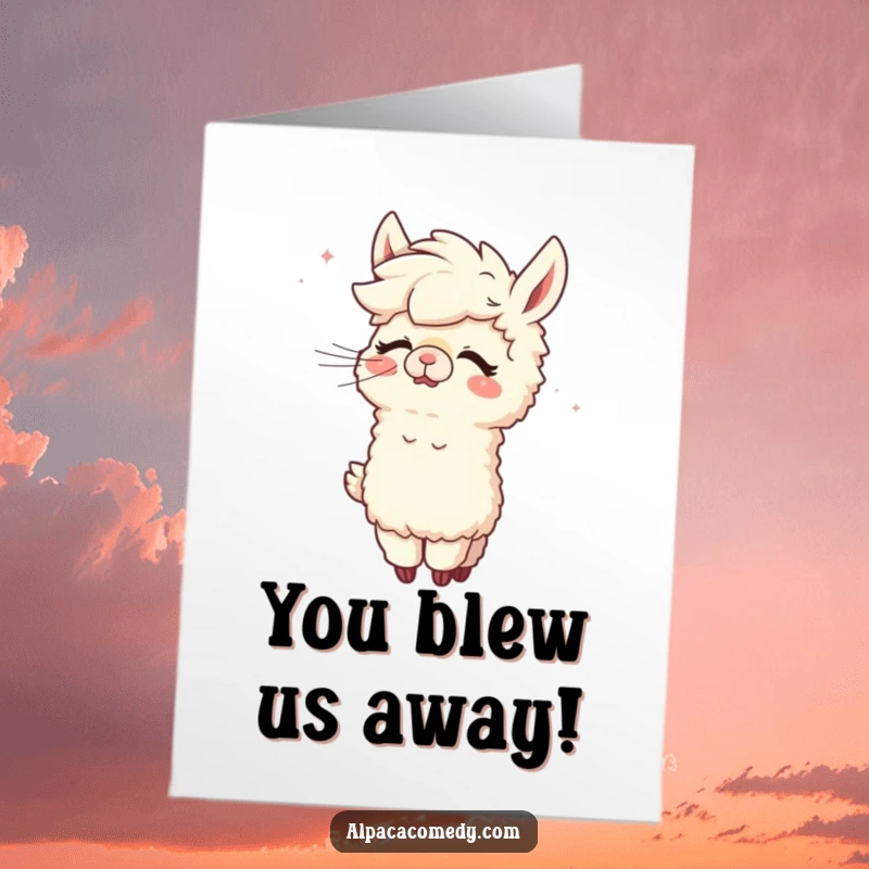 Funny Free Printable Congratulations Card: Amused alpaca getting its wool styled by a gentle breeze, perfect for celebrating achievements.