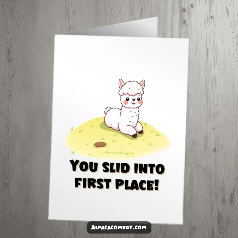 Funny Free Printable Congratulations Card showing a kawaii alpaca gleefully sliding down a hill, full of momentum.