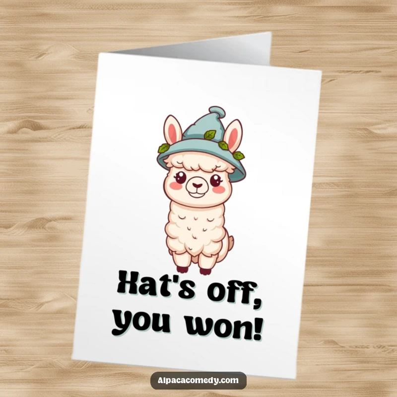 Funny Free Printable Congratulations Card featuring a kawaii alpaca wearing a cute tiny hat adorned with green leaves.