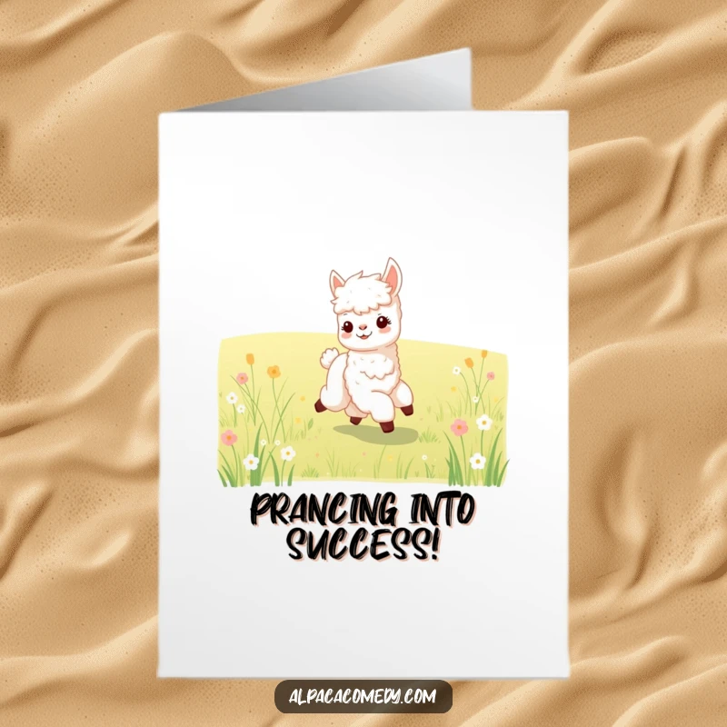 Free Printable Congratulations Card: A baby alpaca joyfully prancing through a meadow, celebrating your success with unrestrained happiness.
