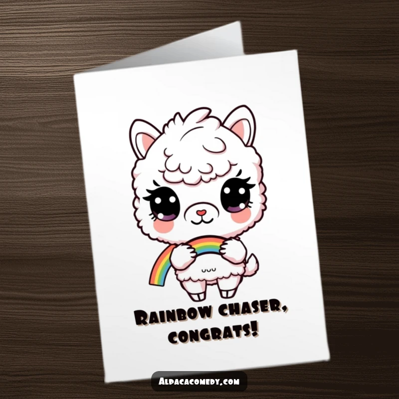 Free Printable Congratulations Card: A curious alpaca holding a bright rainbow, symbolizing success and colorful celebrations.