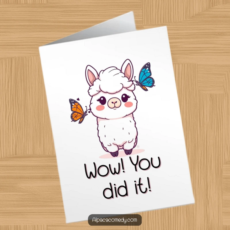 Funny Free Printable Congratulations Card: An alpaca displaying comical surprise at a delicate butterfly's sudden appearance, celebrating unexpected wins.