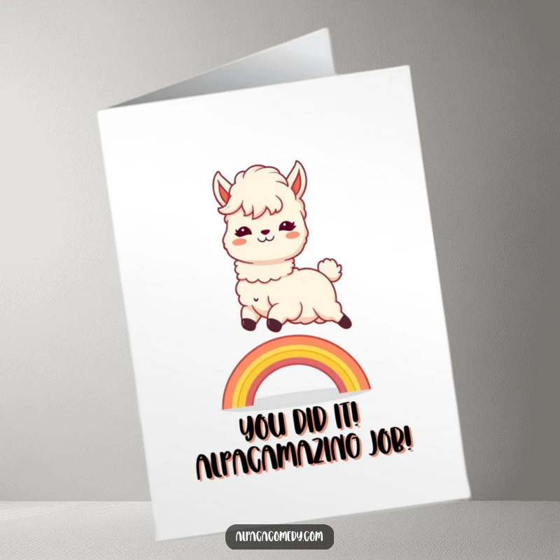 Funny Free Printable Congrats Card: Kawaii alpaca leaping over a rainbow signifying a happy achievement.