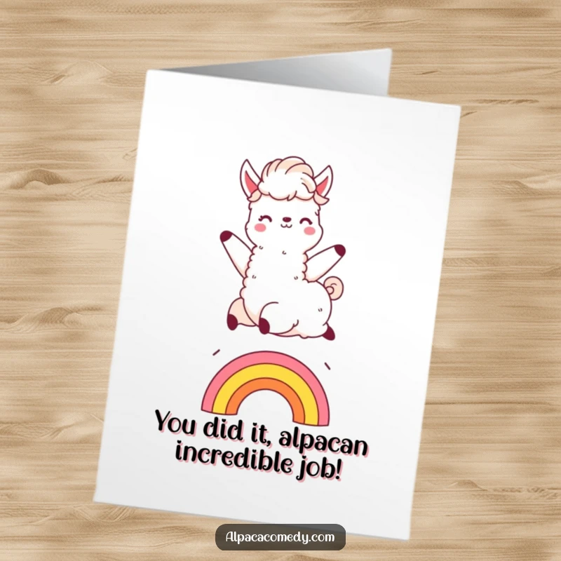 Funny Free Printable Congrats Card: Kawaii alpaca joyfully leaping over a rainbow after a triumph, fluffy mane flying.