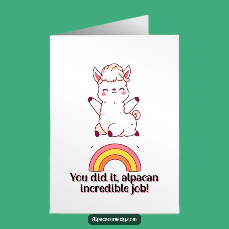 Free Printable Congrats Card: Funny Alpaca Rainbow Leap, Celebrate with Downloadable Joy