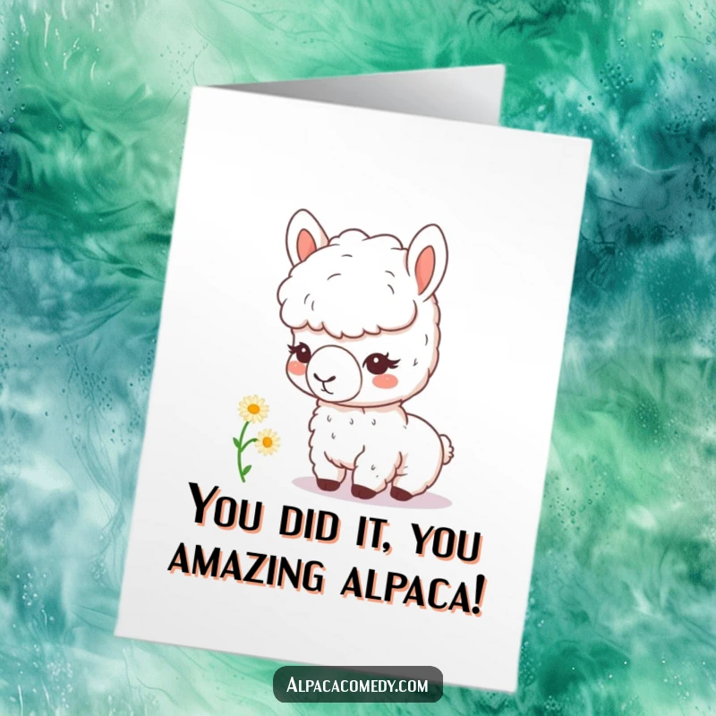 Funny Free Printable Congratulations Card showing a kawaii alpaca observing a delicate daisy, perfect for any celebration.