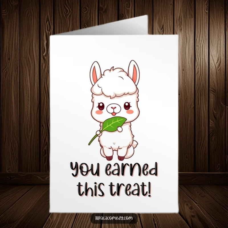 Funny Free Printable Congratulations Card: An alpaca blissfully enjoying a tasty leaf, symbolizing contentment and successful achievements.