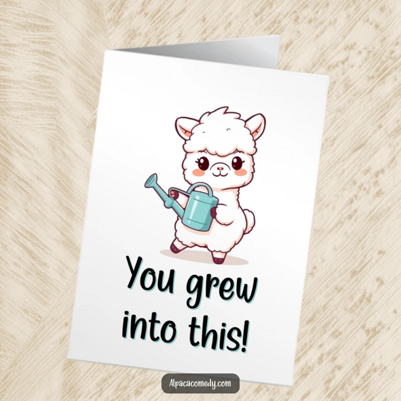 Funny Free Printable Congratulations Card: Amusing alpaca with a tiny watering can, symbolizing nurturing success and growth, humorous congratulatory art.