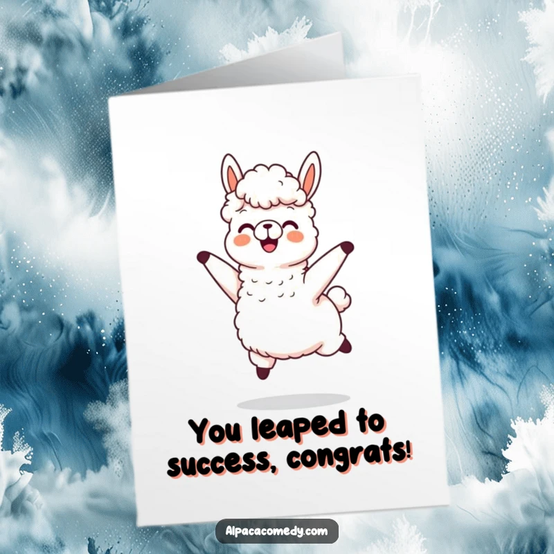 Funny Free Printable Alpaca Congratulations Card: Alpaca character jumping with joy and wool flying, celebrating achievements with enthusiasm, a downloadable gift.