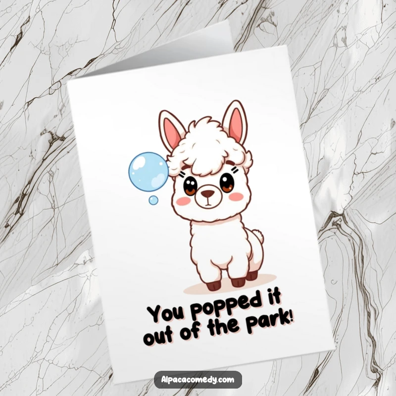 Free Printable Congratulations Card: An amazed alpaca character watches a soap bubble float by, conveying surprise and joy.