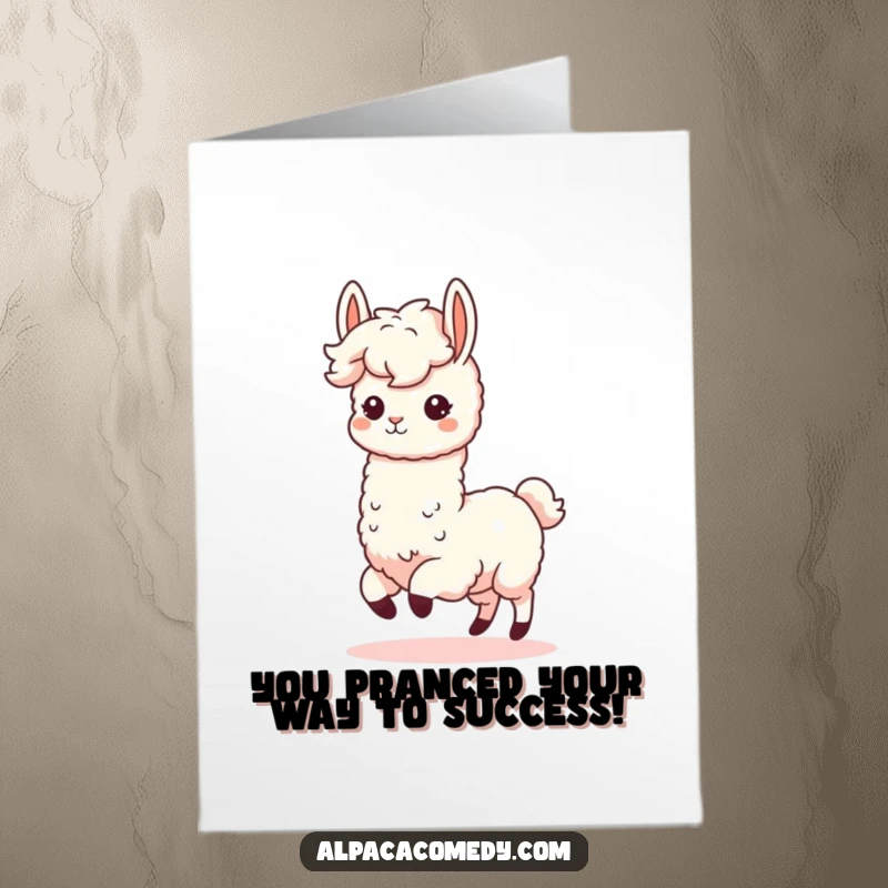 Funny Free Printable Congratulations Card: Excited kawaii alpaca prancing, celebrating success with downloadable art.