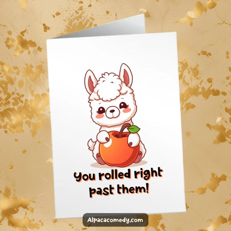 Funny Free Printable Congratulations Card: Cute alpaca playfully nudging a rolling apple, symbolizing a gentle push towards success, humorous congratulatory art.