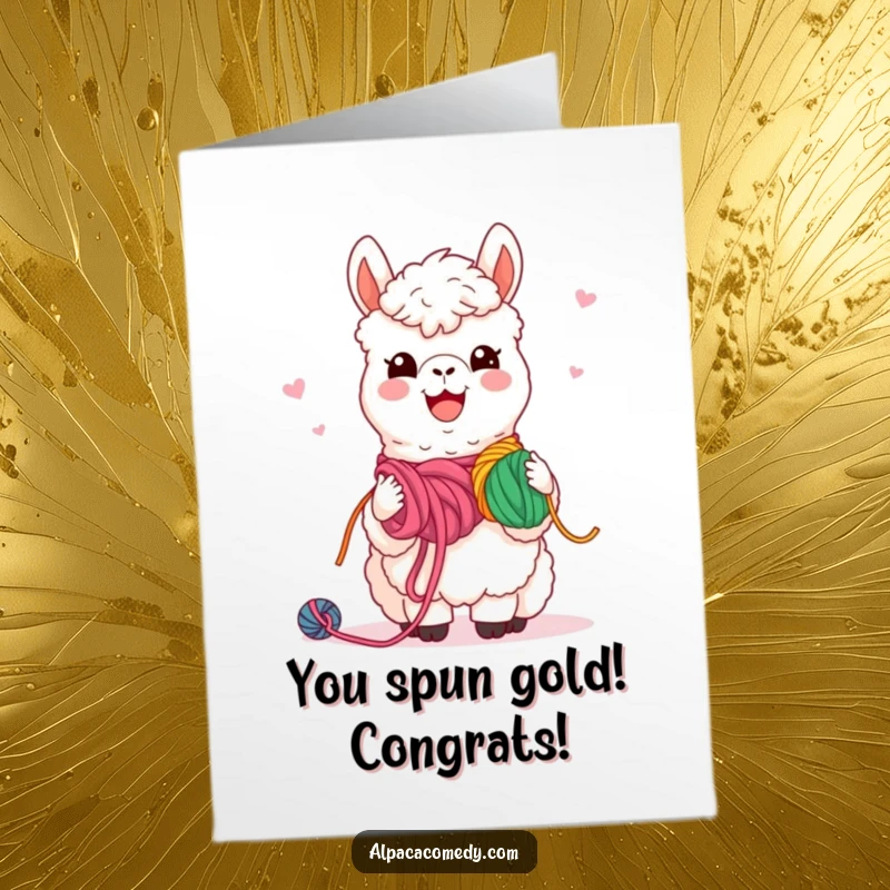 Funny Free Printable Congrats Card: Kawaii alpaca joyfully sharing colorful yarn with pals, warm smile.