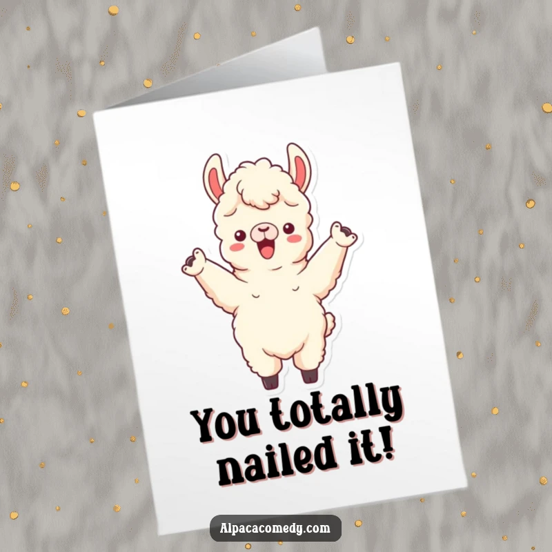Funny Free Printable Congratulations Card: Energetic alpaca raising both front legs in a triumphant cheer, perfect for celebrating achievements, downloadable art.