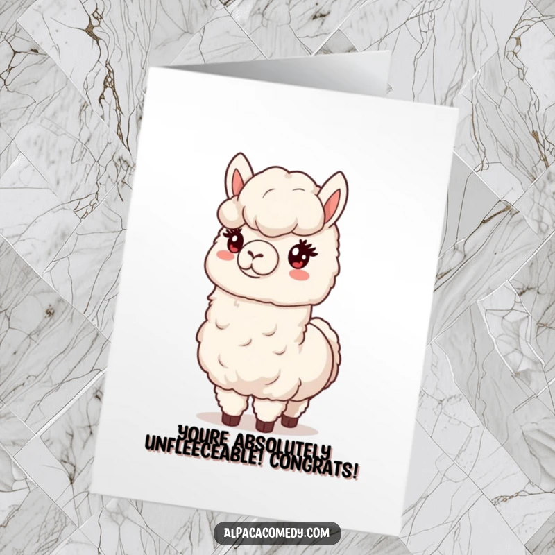 Free Printable Congratulations Card: An alpaca character happily presents a large bunch of fluffy wool, symbolizing generous congratulations.