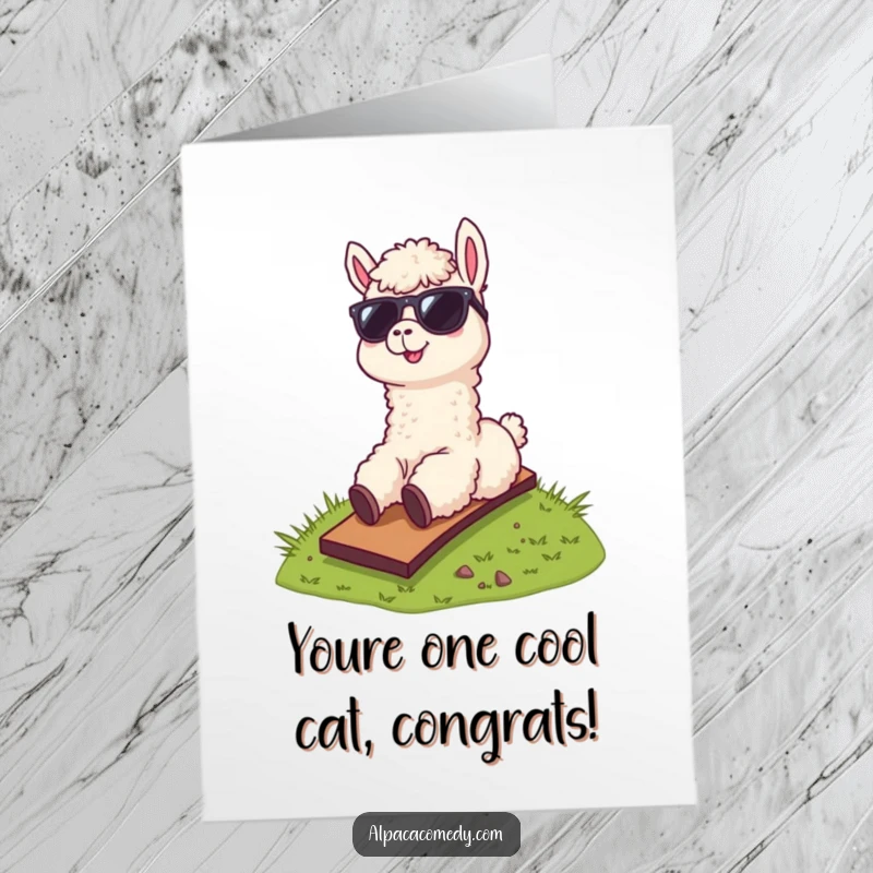 Funny Free Printable Alpaca Congratulations Card: Alpaca in sunglasses sliding down hill, exuding coolness for achievements, a downloadable gift.