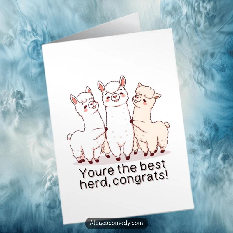 Funny Free Printable Alpaca Congratulations Card: Group of alpacas playfully nudging each other, congratulating success with warmth, a downloadable gift.