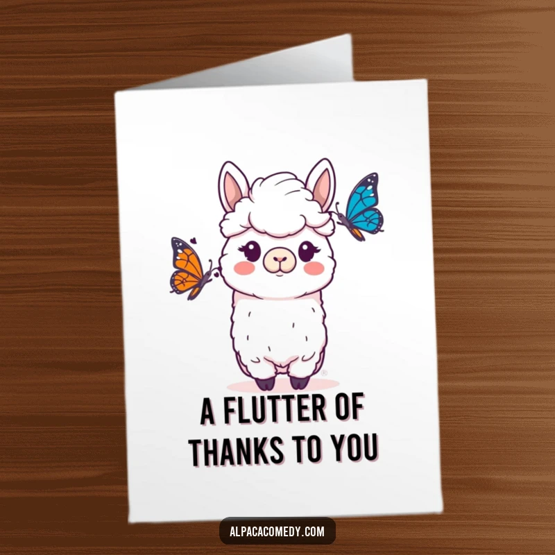 Funny Free Printable Thank You Card: An alpaca humorously startled by a butterfly, making a unique and funny way to say thank you.