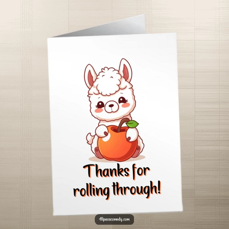 Funny Free Printable Thank You Card: Adorable alpaca gently nudging a rolling apple, a charming and humorous expression of gratitude, downloadable art.