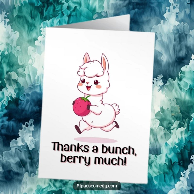 Funny Free Printable Alpaca Thank You Card: A cheerful alpaca skips with a large berry, conveying gratitude. Sweet downloadable gift.