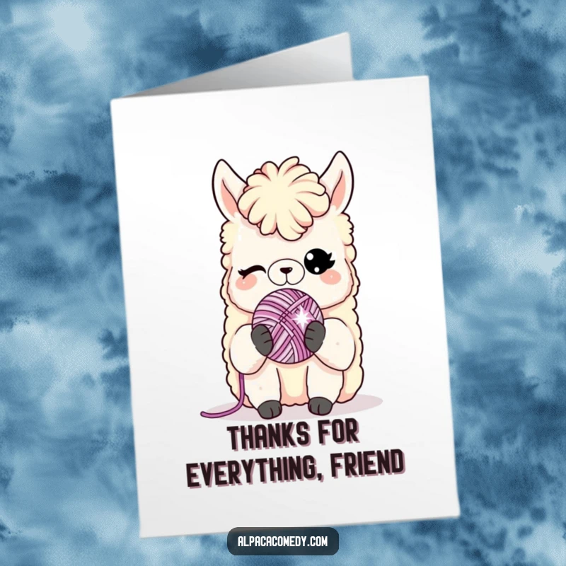 Funny Free Printable Alpaca Thank You Card: An alpaca winks holding a miniature yarn ball, expressing thanks. Sweet downloadable gift.
