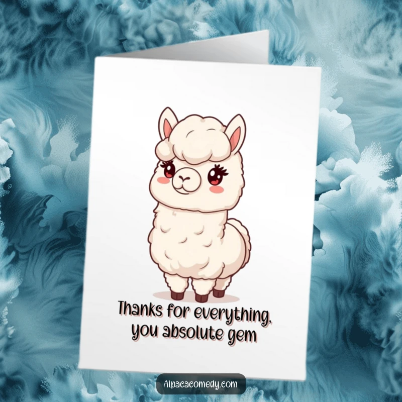 Funny Free Printable Thank You Card: An alpaca character extends a fluffy bunch of wool, offering warm and heartfelt thanks.
