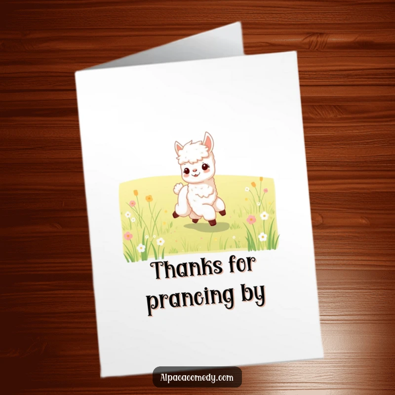 Free Printable Thank You Card: A baby alpaca joyfully prancing through a meadow, sending happy and thankful vibes your way.
