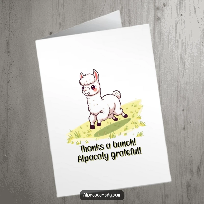 Funny Free Printable Thank You Card: Joyful alpaca galloping across a field, expressing thanks with wild abandon.