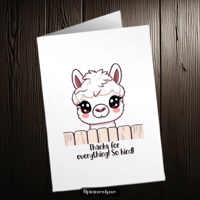 Funny Free Printable Thank You Card: A curious alpaca with big, kind eyes peeking over a fence to say thanks.