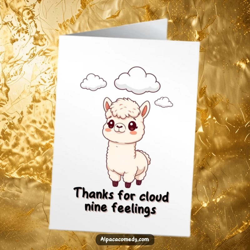 Funny Free Printable Thank You Card: An alpaca observing fluffy clouds with curiosity, a contemplative and humorous way to express thanks.