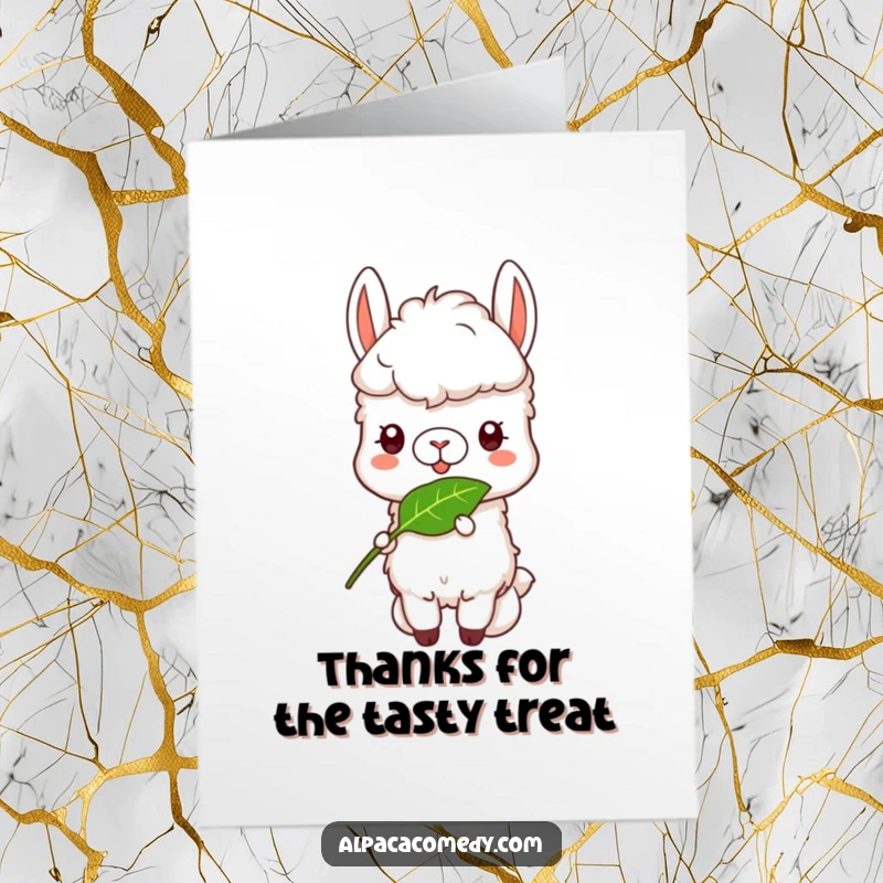 Funny Free Printable Thank You Card: A contented alpaca happily munching a leaf, a humorous and charming way to express gratitude.