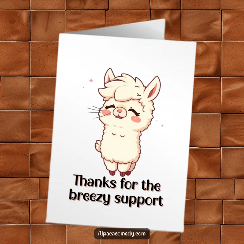 Funny Free Printable Thank You Card: An alpaca gleefully accepting a windy hair makeover, conveying heartfelt thanks with humor.