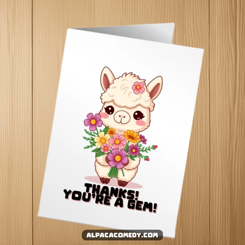 Funny Free Printable Thank You Card: A smiling alpaca proudly presents a bouquet of vibrant flowers to say thank you.